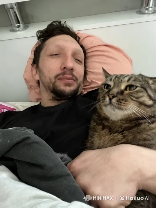 Cozy Bedtime Scene with Content Cat and Gentle Strokes – AI Generated Video | Hailuo AI
