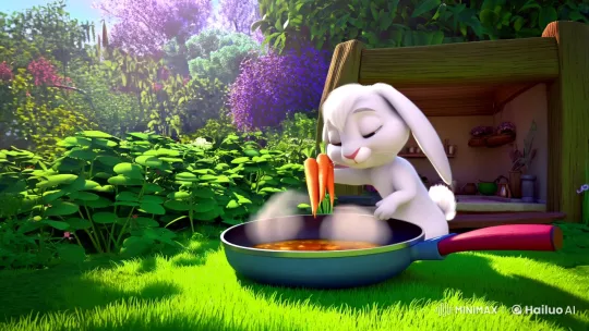 Fluffy the Rabbit Cooks Carrots in a Verdant Garden – AI Generated Video | Hailuo AI