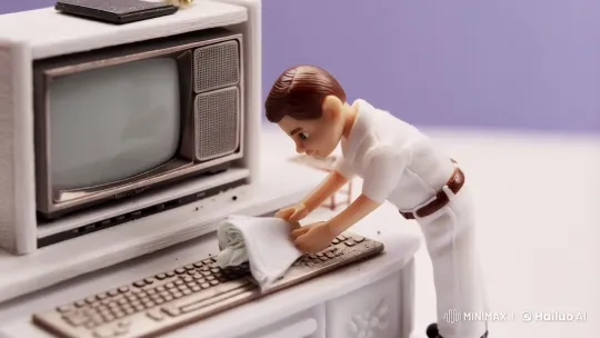 Miniature Worker Tidies TV Display with Grace – AI Generated Video | Hailuo AI