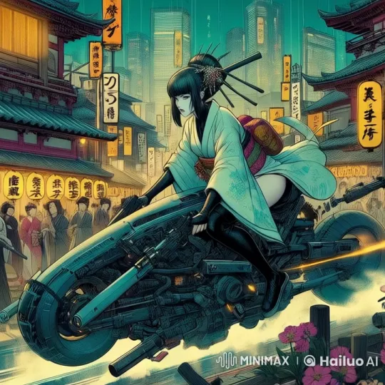 Futuristic Cityscape: Woman on Advanced Motorcycle – AI Generated Video | Hailuo AI