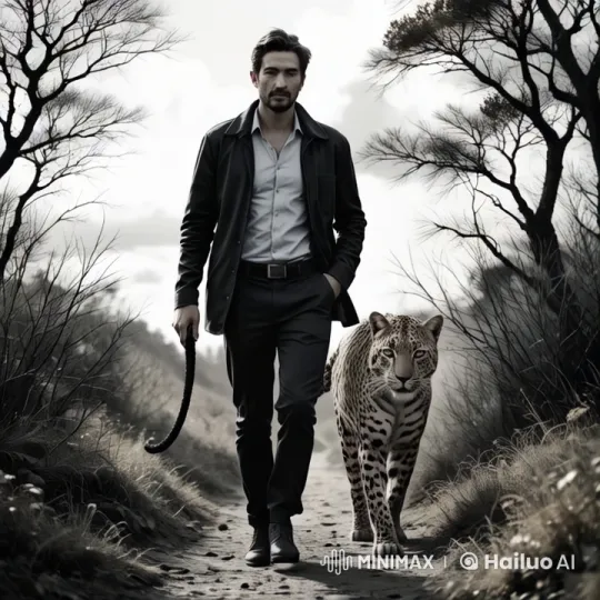Man and Leopard Walk in Harmony on a Quiet Path – AI Generated Video | Hailuo AI