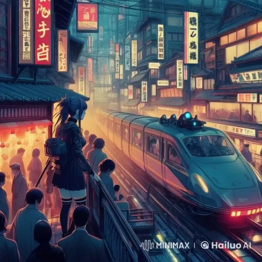 Anime Girl Leaps Onto Moving Train in Vibrant Cityscape – AI Generated Video | Hailuo AI