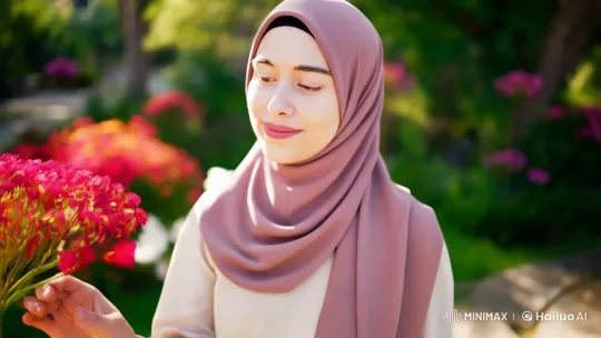 Serene Garden Reflection: A Woman in Light Pink Hijab – AI Generated Video | Hailuo AI