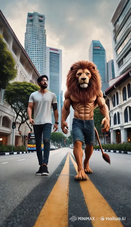 Muscular Lion Transforms, Boxes in Urban Street – AI Generated Video | Hailuo AI