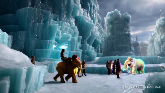 Frozen Cyberpunk City with Holographic Mammoths – AI Generated Video | Hailuo AI