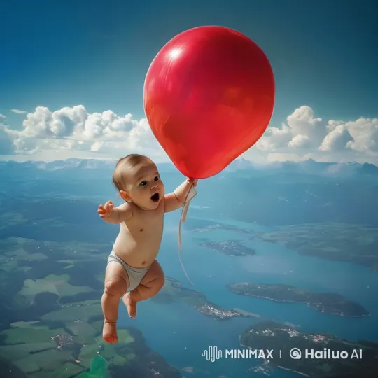 Baby's Joyful Balloon Ride Over Majestic Landscape – AI Generated Video | Hailuo AI
