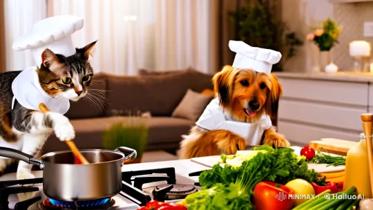 Culinary Cat and Dog: A Whimsical Kitchen Duo – AI Generated Video | Hailuo AI