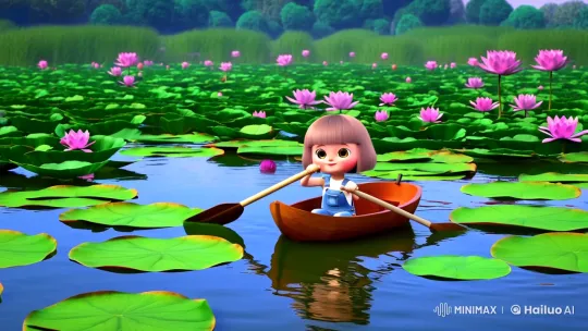 Charming Girl Rows Through Lotus Pond in Tranquil Harmony – AI Generated Video | Hailuo AI