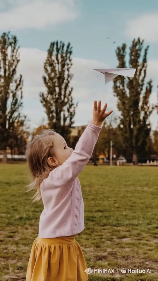 Joyful Girl Launches Paper Plane in Animated Park Scene – AI Generated Video | Hailuo AI