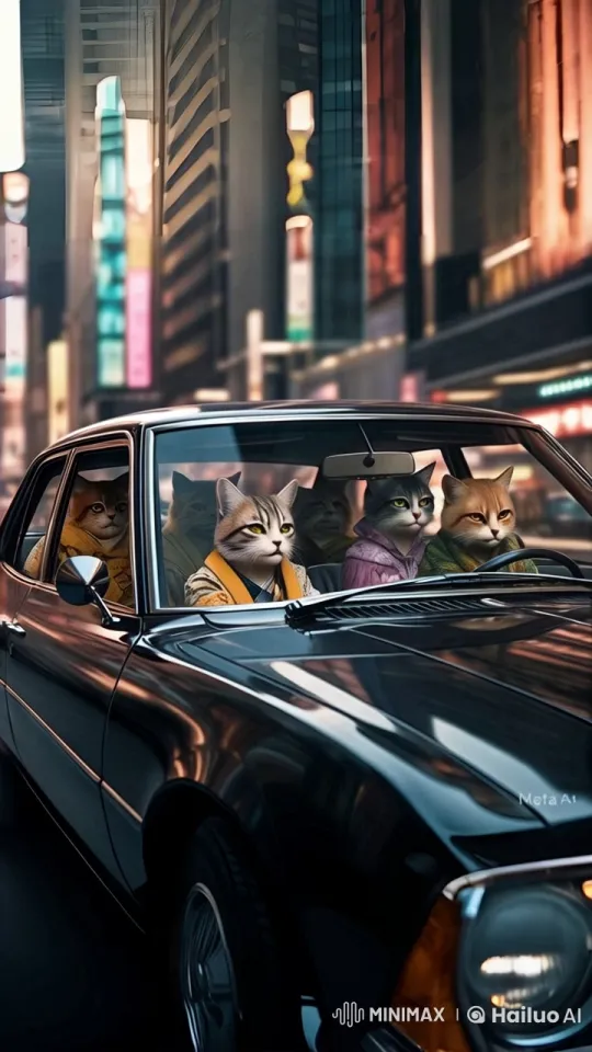 Anthropomorphic Cats Sing in a Moving Car at Night – AI Generated Video | Hailuo AI
