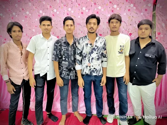 Six Young Men Chatting in Casual Attire Against Floral Backdrop – AI Generated Video | Hailuo AI