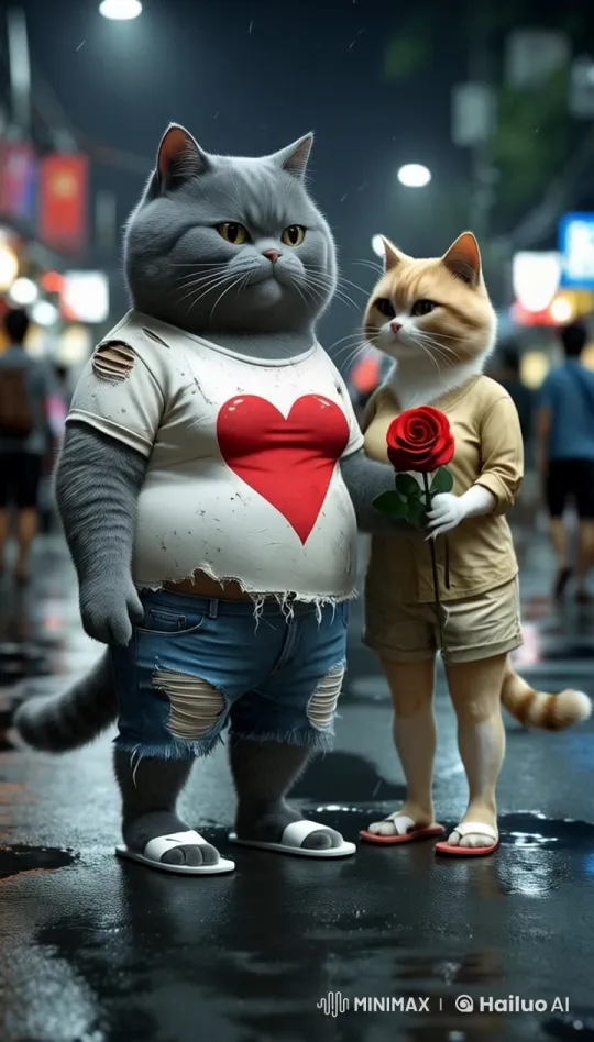 Cute Cat Couple Exchange Rose in Bangkok Nightlife – AI Generated Video | Hailuo AI