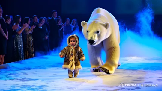 Inuit Baby Walks with Polar Bear on Runway – AI Generated Video | Hailuo AI