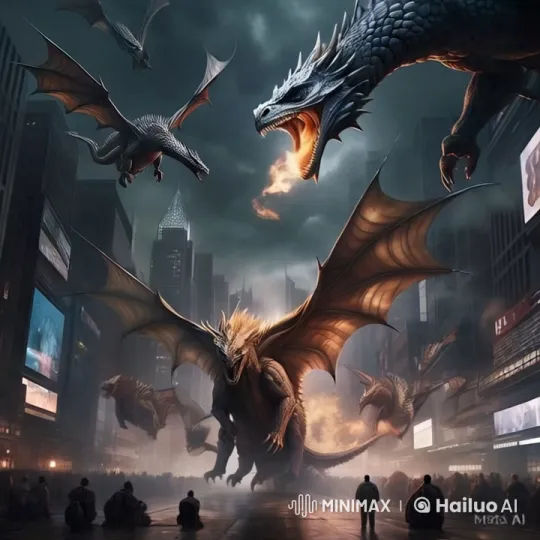 Dragons Roam, Burning a Stormy Cityscape – AI Generated Video | Hailuo AI