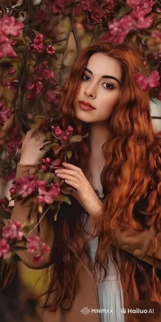 Copper-haired Woman in Tranquil Flower Garden – AI Generated Video | Hailuo AI