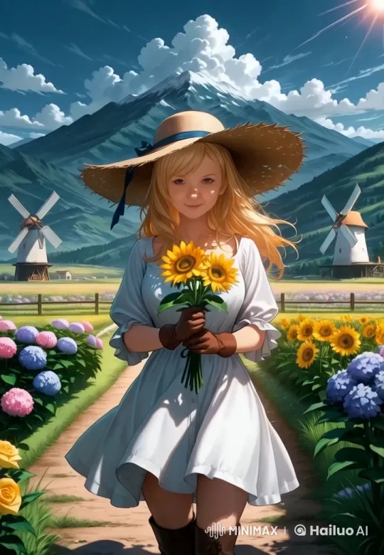 Girl Strolls Through a Sunflower-Filled Garden in Live2D Animation – AI Generated Video | Hailuo AI