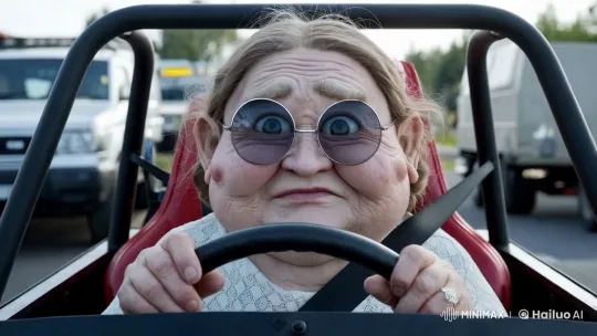 Elderly Woman Reacts with Shock in Animated Race Car Scene – AI Generated Video | Hailuo AI