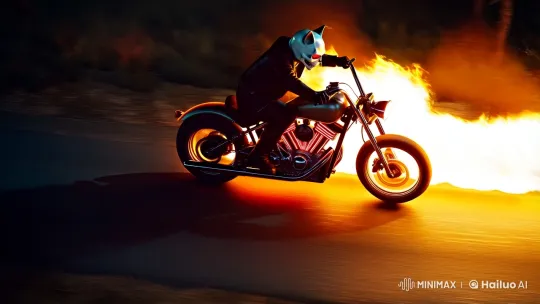 Ghost Rider Cat Speeds on Fiery Motorcycle – AI Generated Video | Hailuo AI