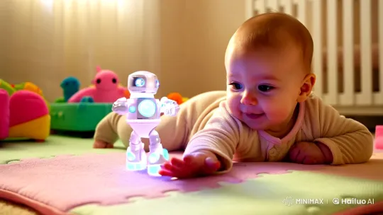 Baby and Futuristic Robot Toy Interact in Nursery – AI Generated Video | Hailuo AI