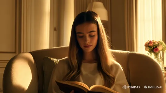 Aesthetic Film: Woman Immersed in Book Amidst Elegant Calm – AI Generated Video | Hailuo AI