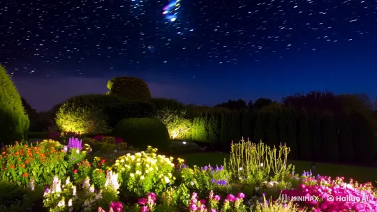 Garden Enchantment Meets Celestial Meteor Shower – AI Generated Video | Hailuo AI