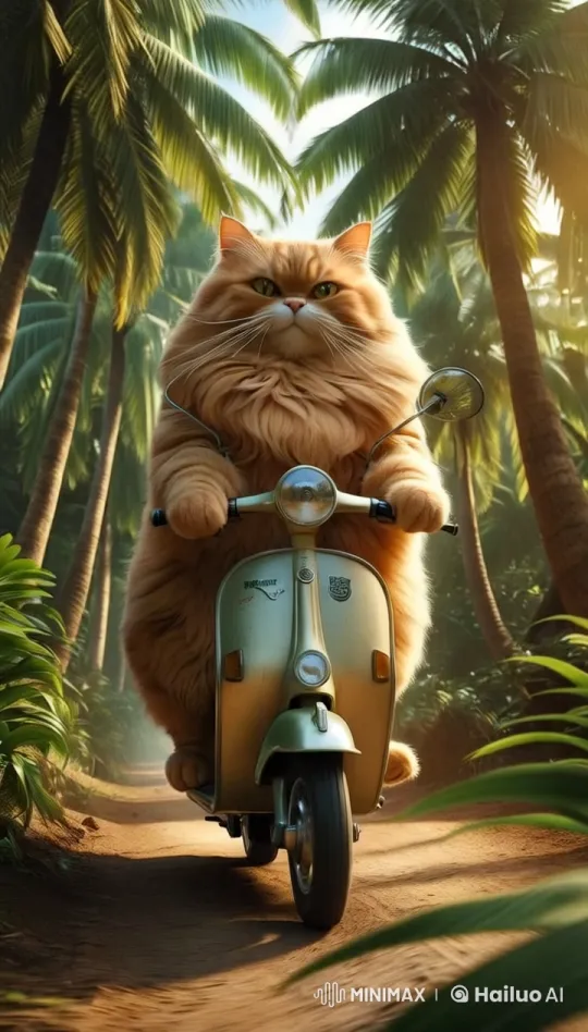 Cat Rides Vintage Scooter Through Tropical Paradise – AI Generated Video | Hailuo AI