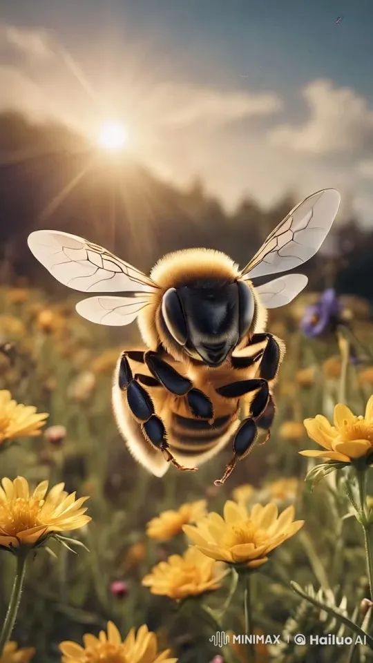 Graceful Bee Over Golden Flower Field at Sunset – AI Generated Video | Hailuo AI