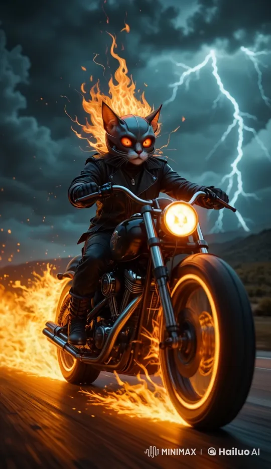 Ghost Rider Cat: Fiery Motorcycle Ride in Storm – AI Generated Video | Hailuo AI