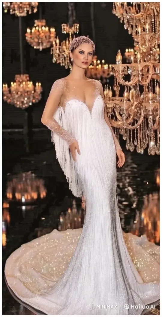 Glamorous Woman in Sparkling Gown with Chandelier Backdrop – AI Generated Video | Hailuo AI
