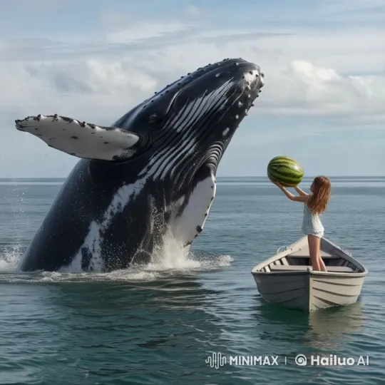 Whale Accepts Watermelon from Girl in Peaceful Scene – AI Generated Video | Hailuo AI