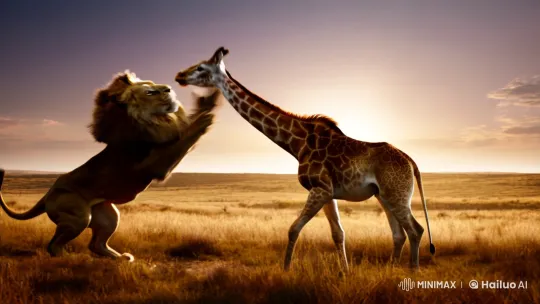 Drama of Lion and Giraffe in African Savanna Dusk – AI Generated Video | Hailuo AI