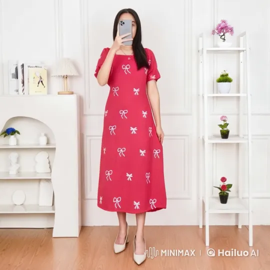 Woman in Red Dress Showcases Elegant Room in Live2D Animation – AI Generated Video | Hailuo AI