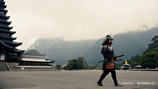 Samurai Warrior Approaches Ancient Temple in Cinematic Panorama – AI Generated Video | Hailuo AI