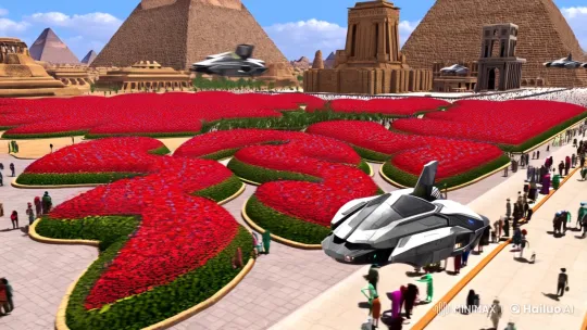 Ancient-Egyptian Mega City with Spaceships & Romantic Heart Flowers – AI Generated Video | Hailuo AI