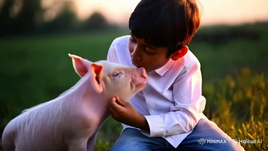 Boy and Piglet Share a Tender Moment at Sunset – AI Generated Video | Hailuo AI