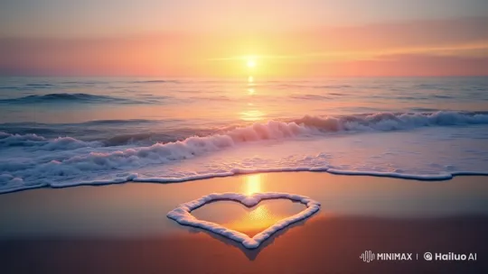Romantic Sunset Beach with Foam Heart Waves – AI Generated Video | Hailuo AI