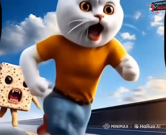 White Cat Kerwin Flees from Fierce Tempeh in Animated Chase – AI Generated Video | Hailuo AI