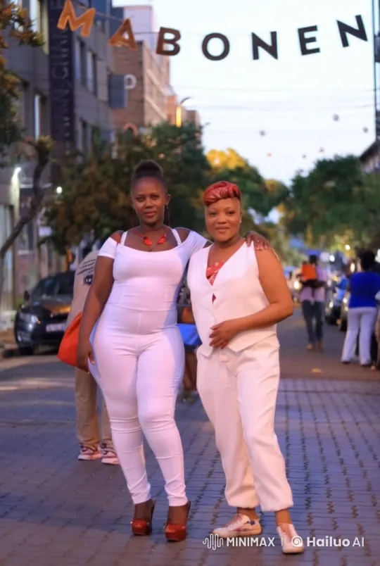 Two Women in White Celebrate Festive Neighborhood Street – AI Generated Video | Hailuo AI