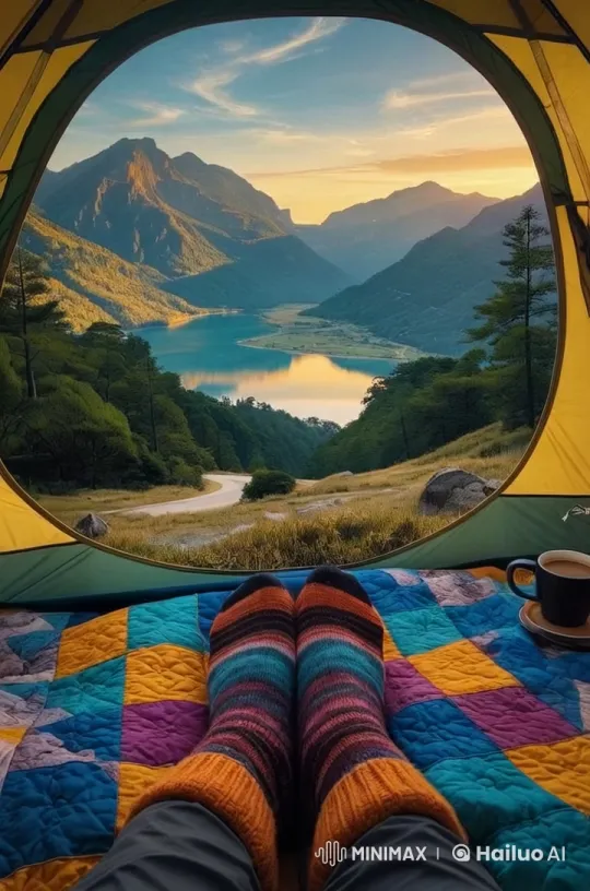 Morning Serenity: Person Relaxing in Mountain Tent – AI Generated Video | Hailuo AI