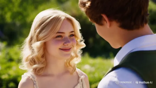Young Woman Smiles at Man Amidst Lush Greenery – AI Generated Video | Hailuo AI