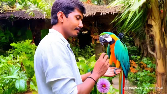 Man Bonding with Macaw in Tropical Garden – AI Generated Video | Hailuo AI