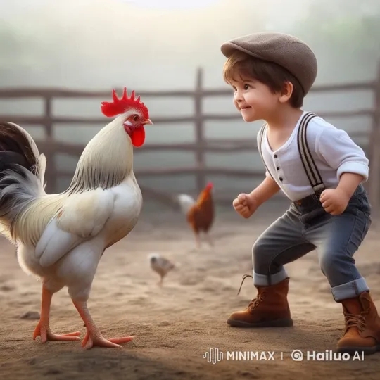 Boy and Rooster Engage in Playful Kung Fu Duel – AI Generated Video | Hailuo AI