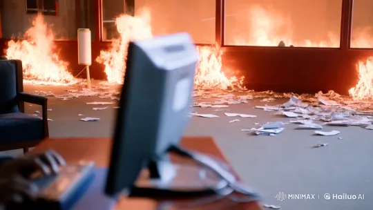 Man Types Calmly Amidst Office Fire – AI Generated Video | Hailuo AI