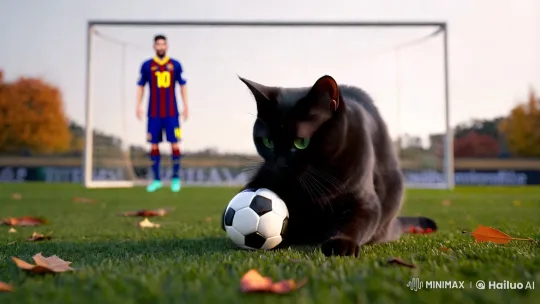 Black Cat Plays Football in Serene Field, Messi Watches – AI Generated Video | Hailuo AI