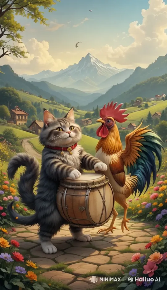 Cat and Rooster Jam: Live2D Animated Joy – AI Generated Video | Hailuo AI