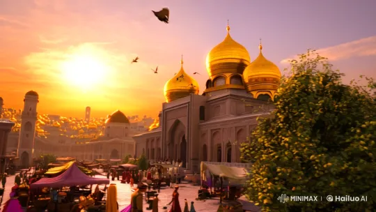 Sunrise Over Golden City with Bustling Streets – AI Generated Video | Hailuo AI