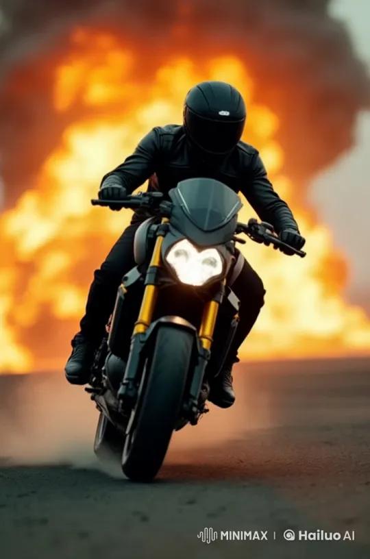Motorcycle Rider's Intense Escape from Explosion – AI Generated Video | Hailuo AI