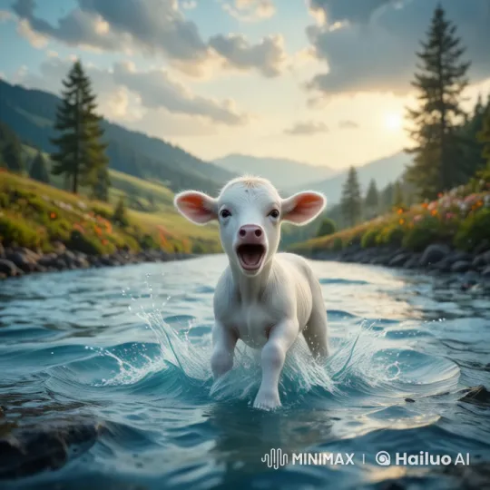 White Calf Struggles in Serene River with Live2D Animation – AI Generated Video | Hailuo AI