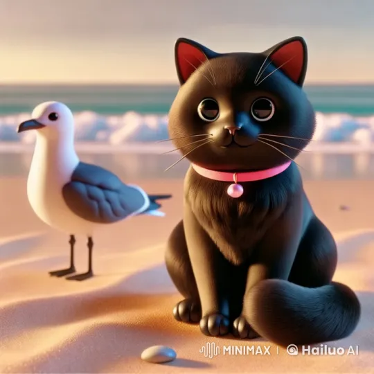 Peaceful Beach Interaction: Cat and Seagull – AI Generated Video | Hailuo AI