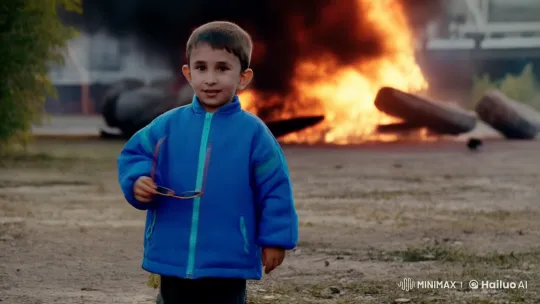 Boy Walks Calmly Amidst Fiery Explosion – AI Generated Video | Hailuo AI